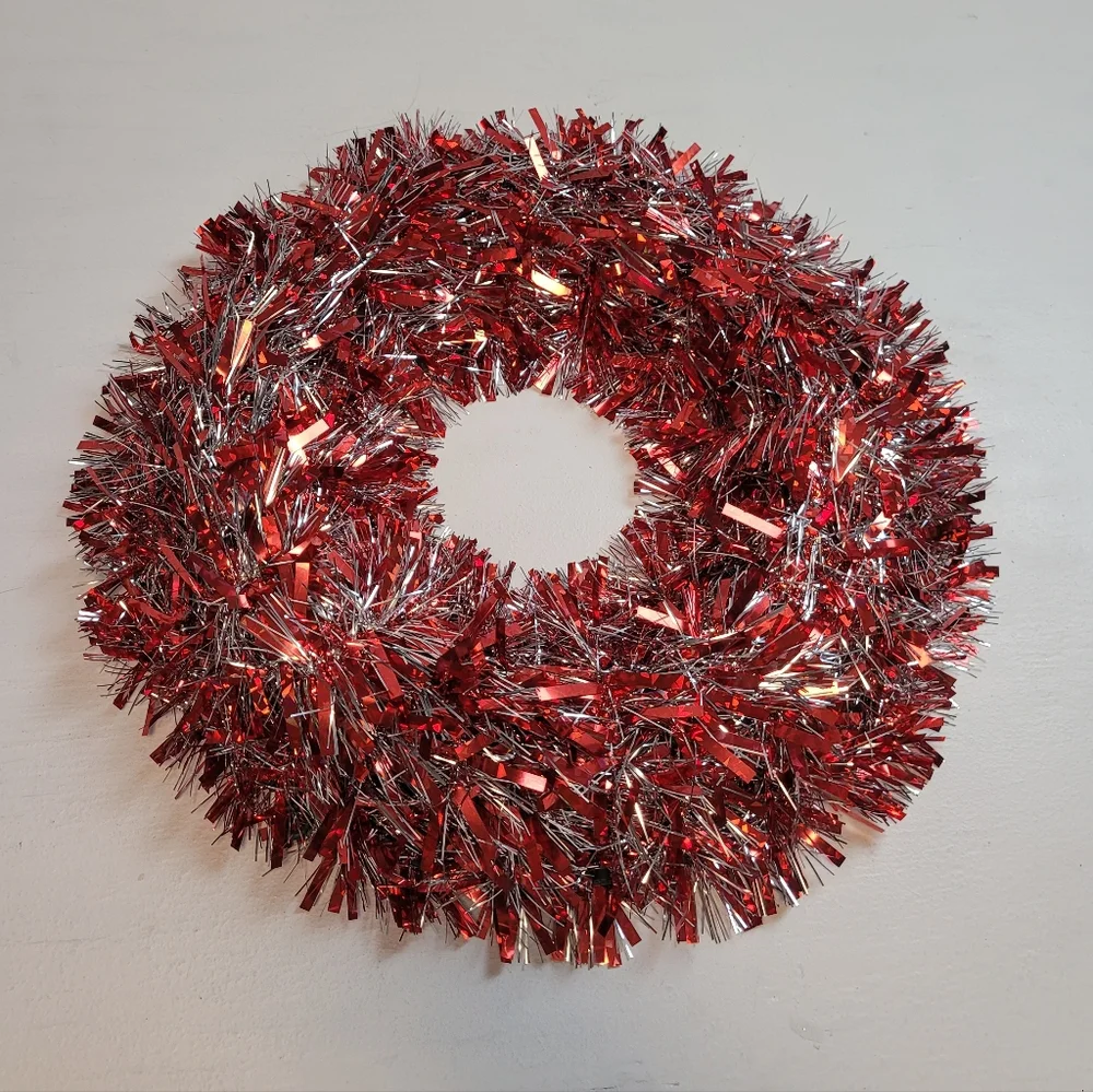 Festive Red and Silver Tinsel Wreath